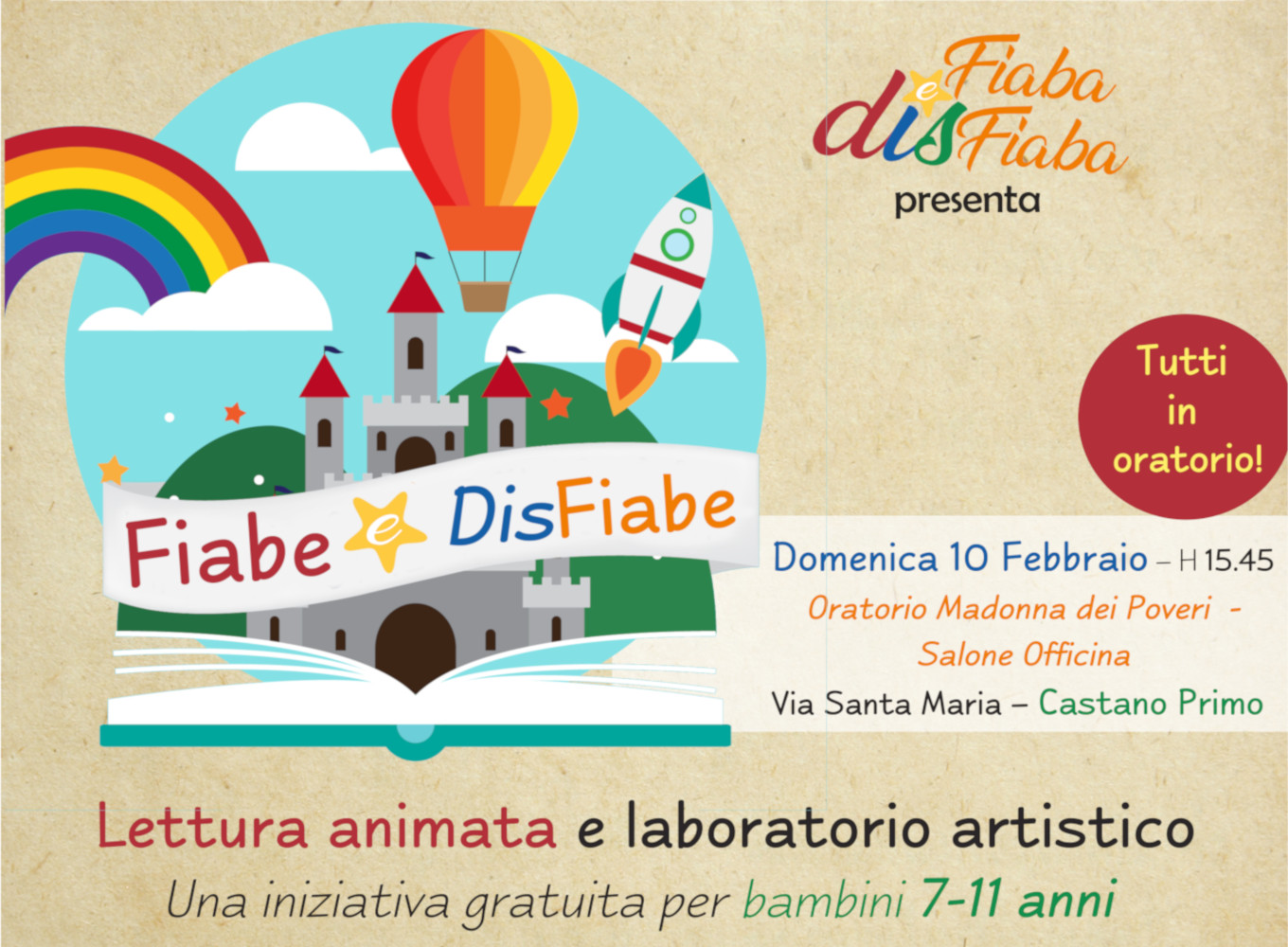 Locandina evento di presentazione raccolta Fiabe e DisFiabe presso Oratorio di Castano